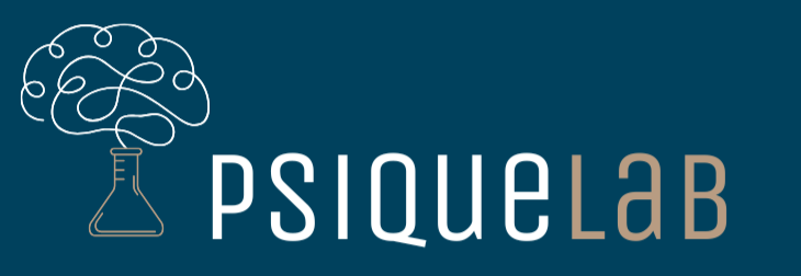 Logo de PsiqueLab - El dibujo esquemático de un cerebro surgiendo de un matraz de laboratorio. Laboratorio de la mente